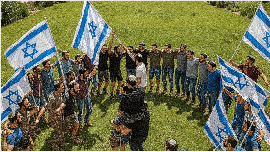 קבוצת חניכים עומדת במעגל עם דגלי ישראל